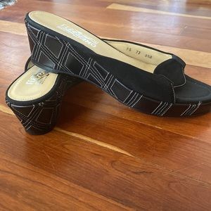 Salvatore Ferragamo Black Leather and Suede Wedge Sandal